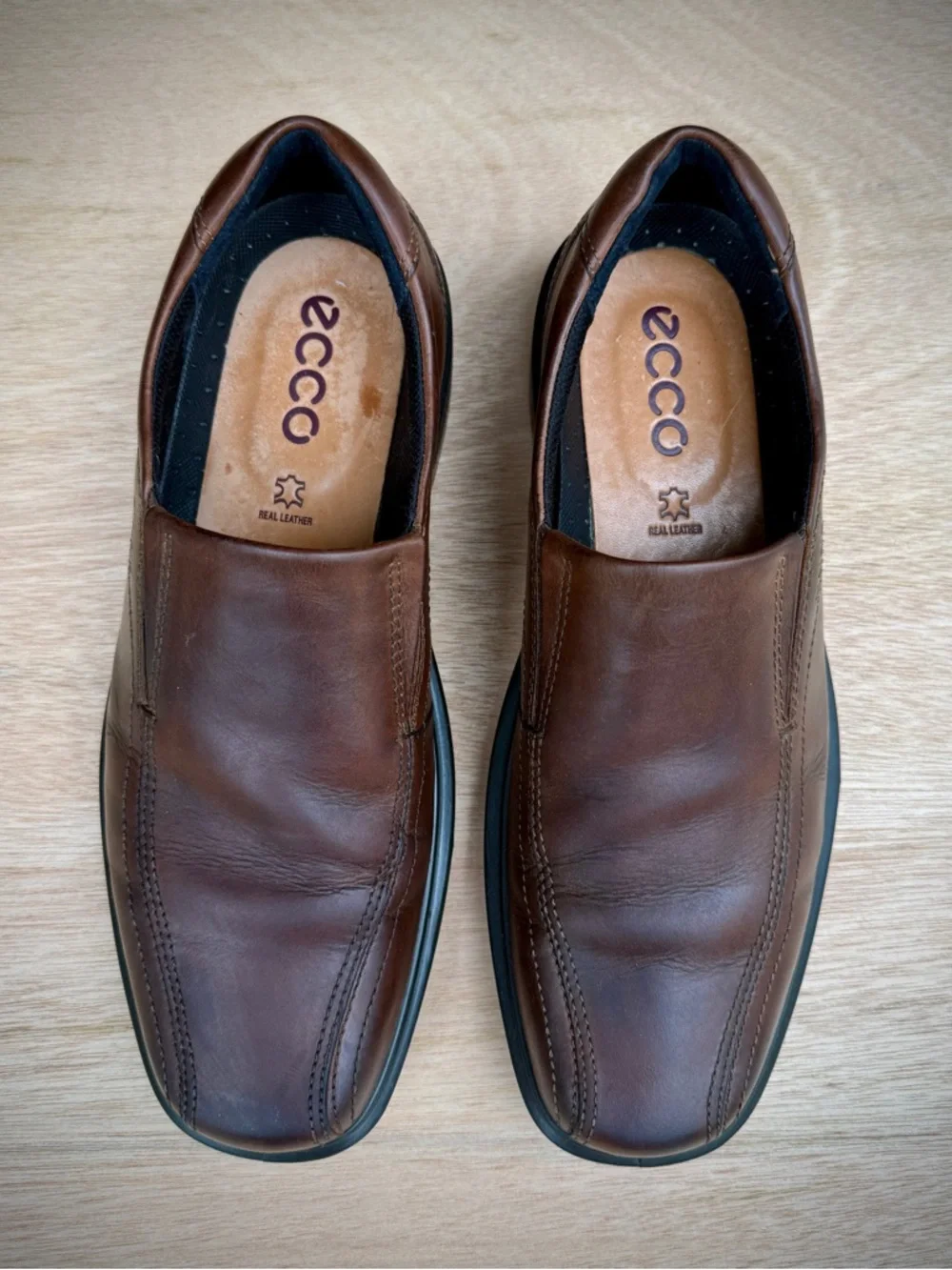 ECCO Helsinki Men Leather Bike Toe Slip On Loafers Brown Apron Dress Shoes 44